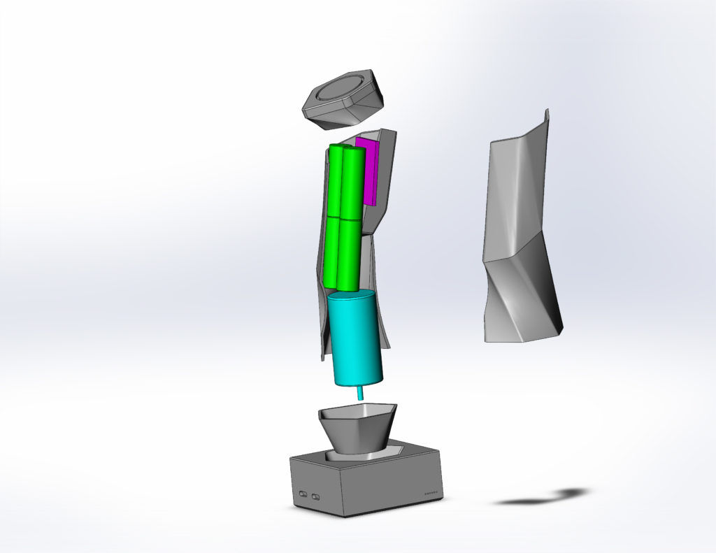 CAD rendering showing internal components of early redesigned hand blender