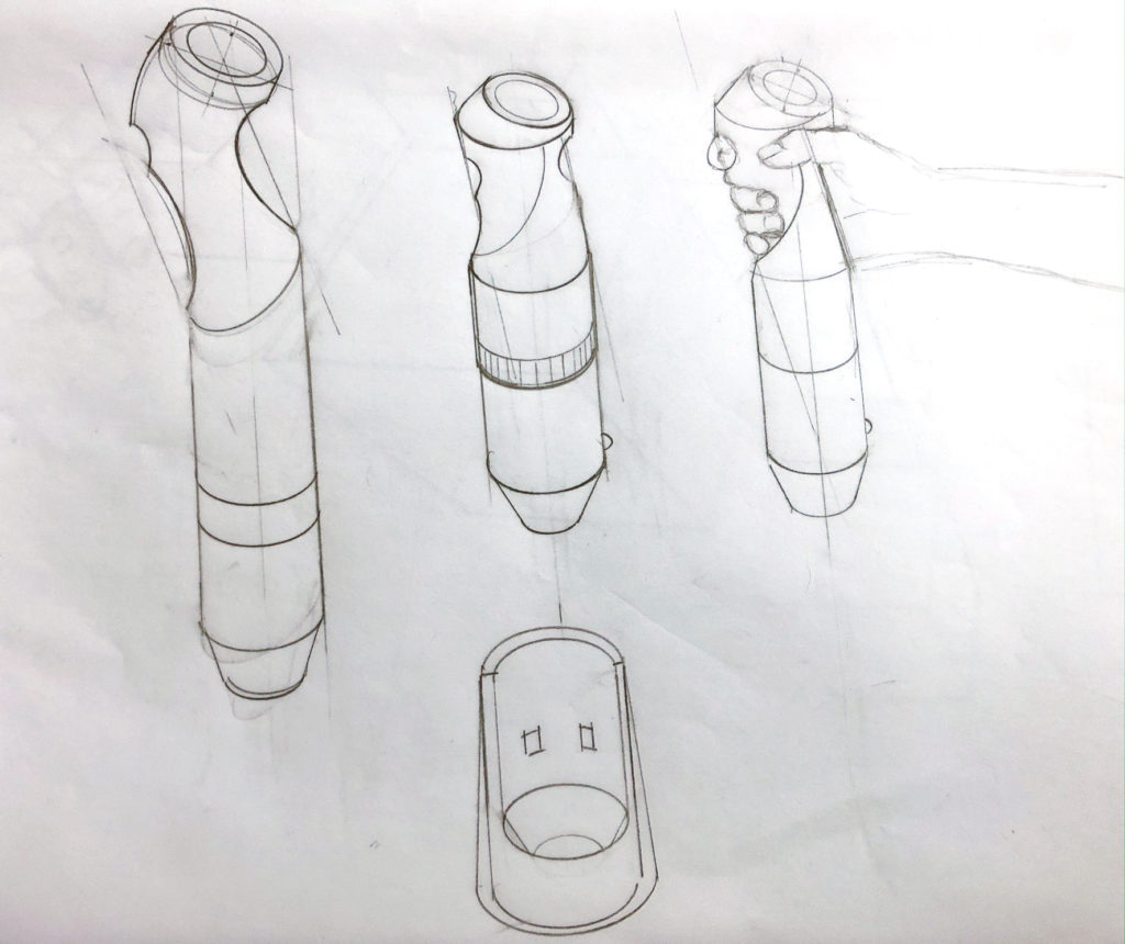 Drawing featuring several immersion blenders and one hand holding 