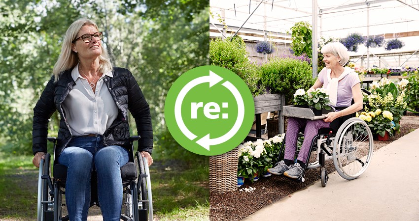 Two women in wheelchairs iin outdoor situations with a circular logo in the center for "re" cycle