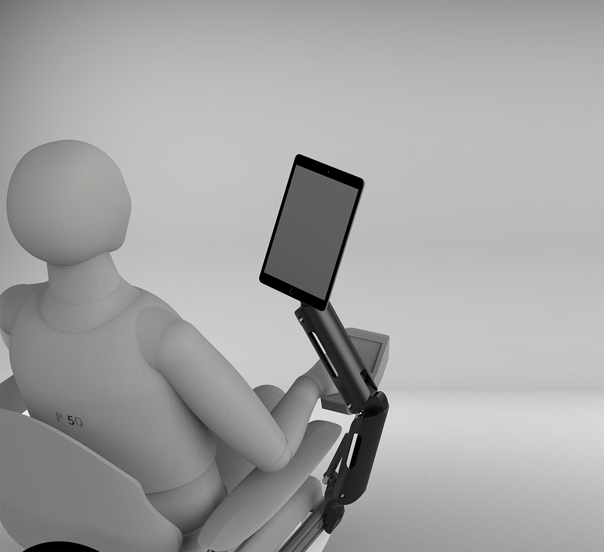 CAD rendering of human figure in a wheelchair with adjustable support arm attached